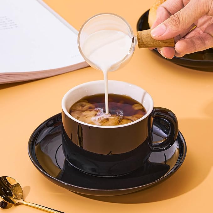 8oz Cappuccino Cups Set of 6, Tea Cups with Saucers and Spoons, Black Ceramic Tea Cups Set Coffee Mugs for Tea Cappuccino Espresso Latte Mocha Au Lait Macchiato Cafe