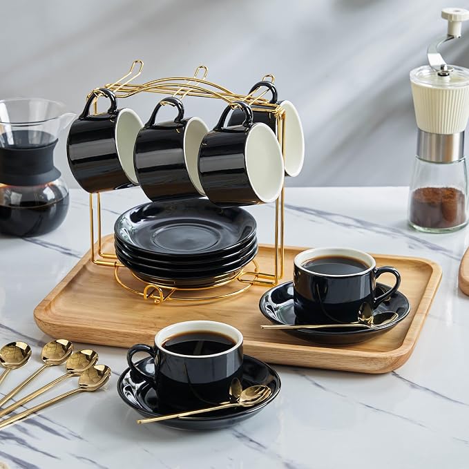YOLIFE Espresso Cups with Saucers Set and Gold Metal Stand, 4oz Coffee Espresso Cups Set of 6, Ceramic Expresso Shots Cup with Stand & Saucers, Black