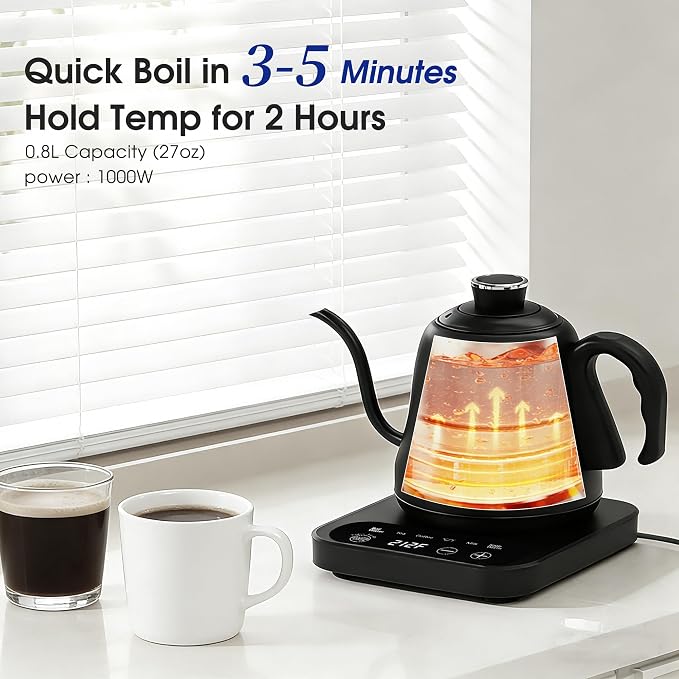 Gooseneck Electric Kettle Temperature Control: 316L Stainless Steel Inner | ±1℉ Precision, Pour Over Kettle for Coffee & Tea, 1000W Quick Heating, Auto Shut-Off & Boil-Dry Protection, 0.8L/27oz