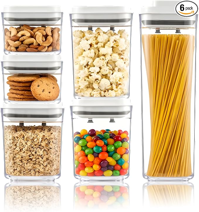 UFORU Pop Top Food Storage Container Set | 6Pcs Airtight Cereal Storage Organizer Canisters with Pop Lids, BPA-Free, Vacuum Seal & One-button Opening, Stackable Pantry Containers for Dry Food Storage