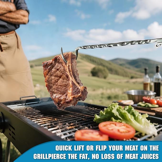 Meat Flipper, Grill Hooks for Turning, Heavy Duty Stainless Steel BBQ Turner Hooks with Long Handle for Flipping Ribs, Pork Shoulder, Roast on Smoker Grilling (Left Hand - B)