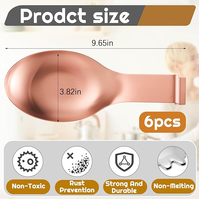 Nuanchu 6 Pcs Stainless Steel Spoon Rest Spatula Ladle Holder Spoon for Stove Top Heavy Duty Spatula Holder for Countertop Dishwasher Safe Utensil Rest for Kitchen, 3.8 x 9.6" (Rose Gold)