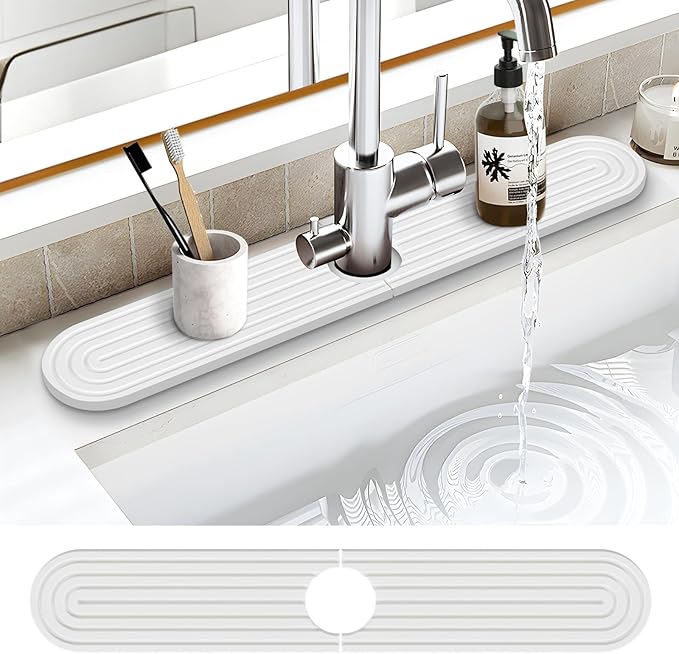 Stone Faucet Mat for Kitchen Sink, Water Absorbent Fast Drying Stone Tray for Sink , Quick Dry Diatomite Splash Guard for Bathroom Counter to Prevent Moisture Buildup, 30" x 4", White
