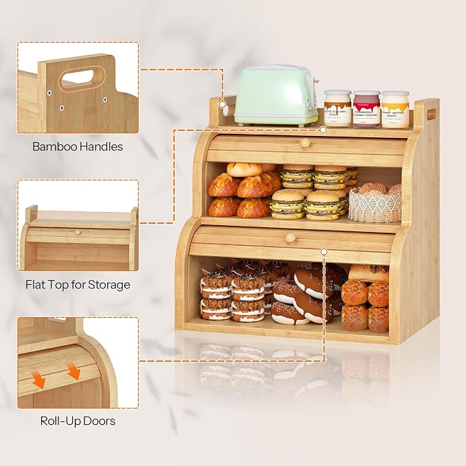 HOOBRO Bread Box, Bamboo Bread Box for Kitchen Countertop, 2-Tier Roll-Top Bread Bin, Food Storage Box, Bamboo Storage Cabinet with Handles, for Kitchen, Dining Room, Natural YL15MB01