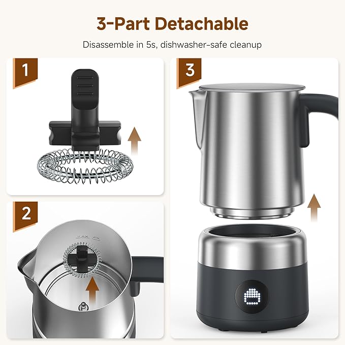 Milk Frother and Steamer [Upgraded], AMZCHEF All-in-1 Detachable Frother for Coffee 600W, Automatic Warm and Cold Foam Maker, Stainless Steel Jug, Dishwasher Safe, LED Display