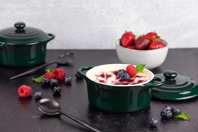 Kook Ceramic Mini Cocotte, Casserole Dish with Lid, 500F, 12 oz, Set of 4, Forest Green