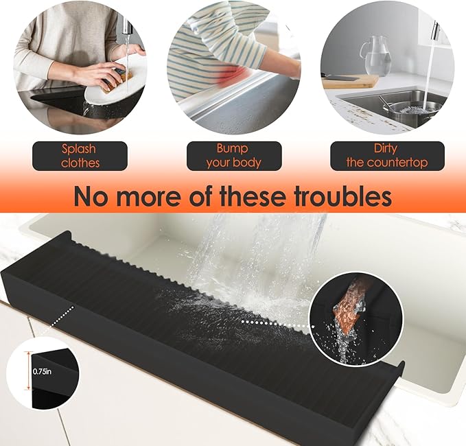 Silicone Sink Edge Protector ＆Splash Guards, 5° Upgrade Multifunction Sink Accessorie, Splash Guard For Bathtub Sink, Countertop Protectors For Kitchen Sink Stainless Steel, Granite, Quartz, Black