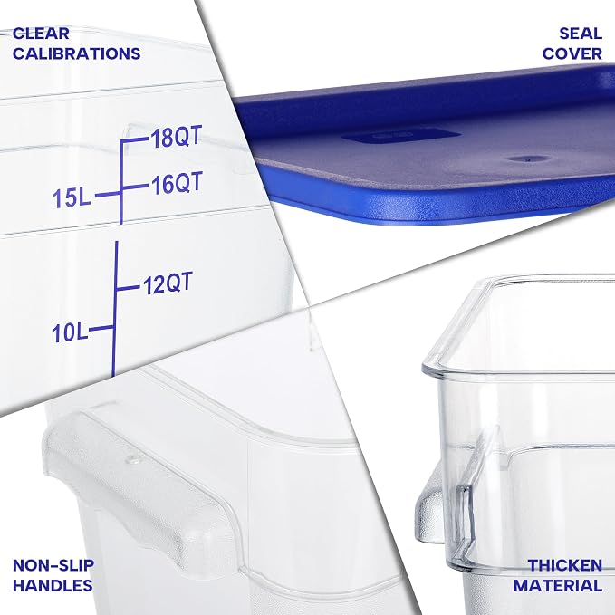 BIEAMA 4 Pack Food Storage Containers, 18 Quart with Lids, Square Commercial Containers with Scale, NSF, Polycarbonate, Clear