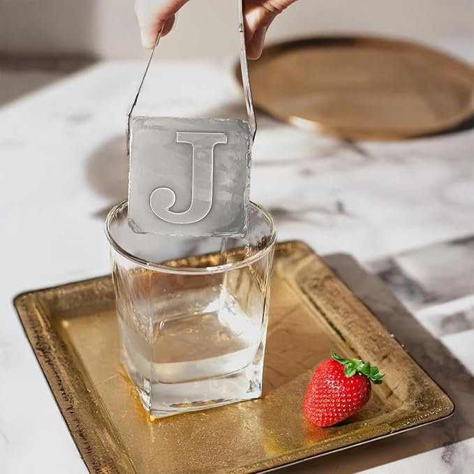 Monogrammed Ice Cubes Mold with Lid, 2 inch Whiskey Ice Cube Tray, Personalized Initials Silicone Cocktail Ice Cube Mold, Wedding Monogram, Thank You Gift, Gifts for Dad (Letter J)
