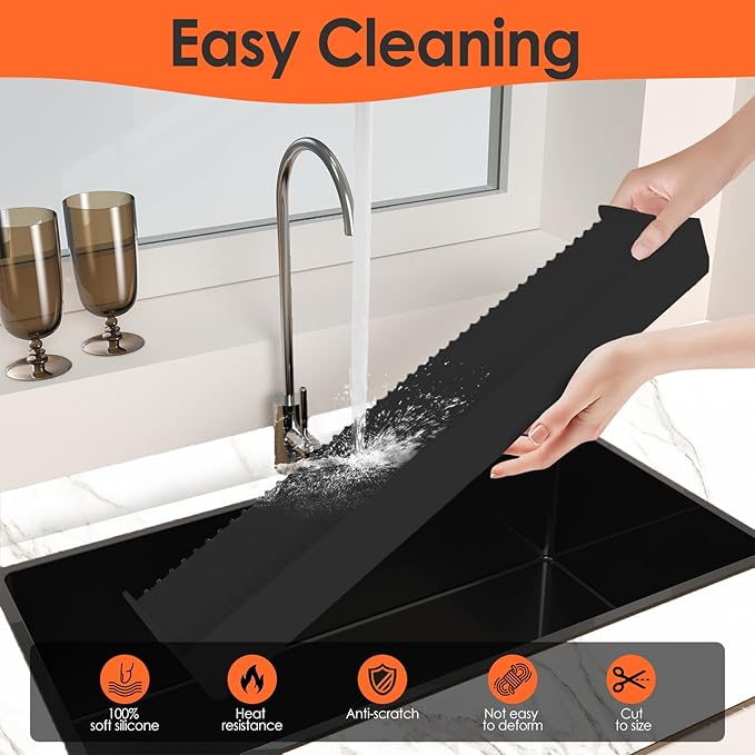 Silicone Sink Edge Protector ＆Splash Guards, 5° Upgrade Multifunction Sink Accessorie, Splash Guard For Bathtub Sink, Countertop Protectors For Kitchen Sink Stainless Steel, Granite, Quartz, Black