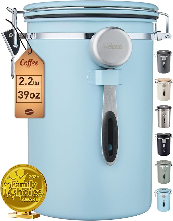Veken Coffee Canister, 39OZ Large, Airtight Stainless Steel Food Storage Container for 2.2lbs Coffee Beans, Ground, Sugar, Tea, Cookie, Flour, Kitchen Bar Accessories with Date Tracker & Scoop, Blue