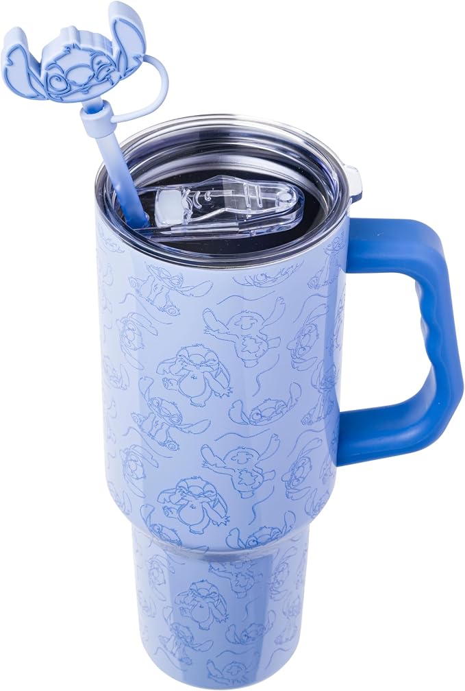 Silver Buffalo Disney Lilo and Stitch Poses Pattern Double Walled Stainless Steel Tumbler with Handle, Straw, and Straw Cap, Fits in Standard Cup Holder, 40 Ounces