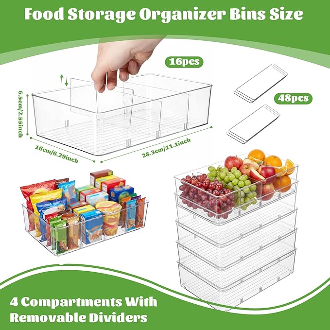 Mifoci 16 Pcs Snack Pantry Organizer and Storage - Clear Plastic Storage Bins for Pantry Shelf with 3 Divider Stackable Plastic Containers Box with Handle for Kitchen Cabinet Fridge Closet Bathroom
