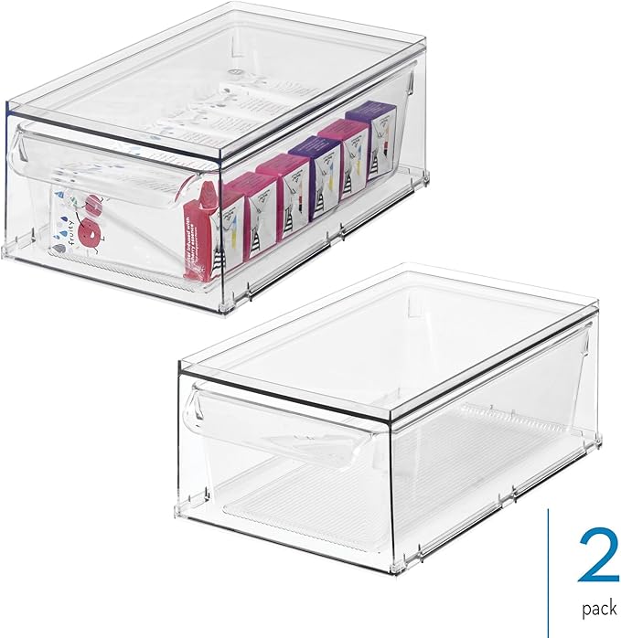 iDesign Stackable Kitchen Storage Drawer for Fridge, Pantry, Under-Sink, or Cabinet - Set of 2 - Clear