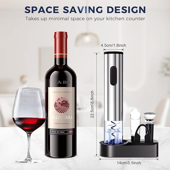 6-in-1 Electric Wine Opener, Battery Operated Automatic Wine Opener with Foil Cutter, Aerator, Vacuum Stopper & Base, One-Touch Operation, Stainless Steel, Sliver, Perfect for Home Bar, Gifts, Outdoor
