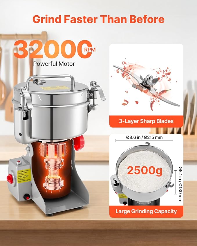 VEVOR 2500g Electric Grain Mill Grinder, High Speed 3400W Commercial Spice Grinders, Stainless Steel Pulverizer Powder Machine, for Dry Grains Spices Cereals Coffee Corn Pepper, Swing Type