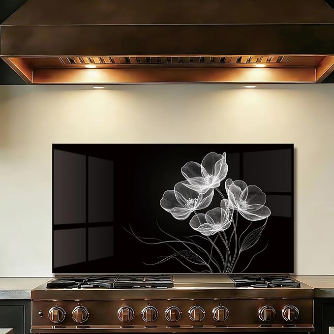 LMSDYSHU Tempered Glass Backsplash for Kitchen, Black line stripes, Frameless, Stove Backsplash Protector for Wall,Easy to Clean, Home Decor (30"x16")