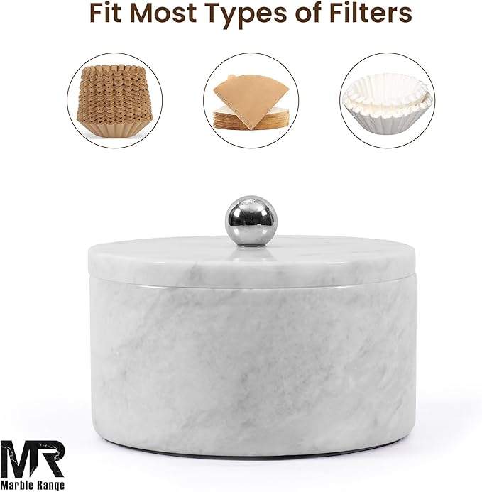 Marble Coffee Filter Holder – 6 inch Handmade White Coffee Filter Holder with Lid, Storage Organizer for Kitchen Countertop & Bar Decor