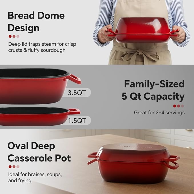 Northriver Casting Enameled Cast Iron Oval Dutch Oven for Bread Baking，12"x8" Bread Pot with Lid，Ideal for Sourdough, Artisan Loaves & Family Meals，5 Qt