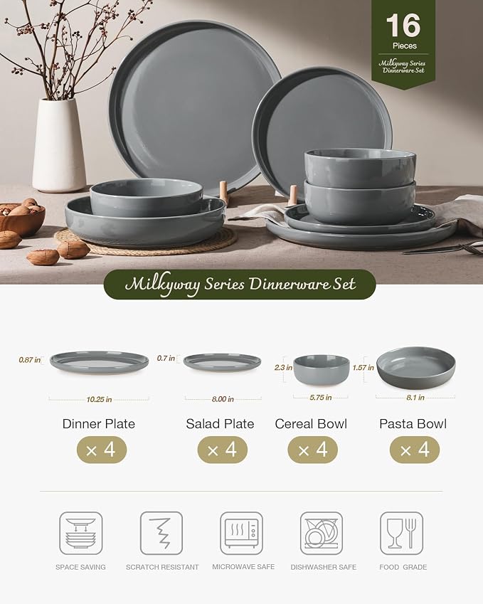 Famiware Milkyway Stoneware Dinnerware Sets with Pasta Bowls, Service for 4 (16 Pieces), Plates and Bowls Sets -Scratch Resistant, Microwave and Dishwasher Safe Dishes Set, Dark Gray