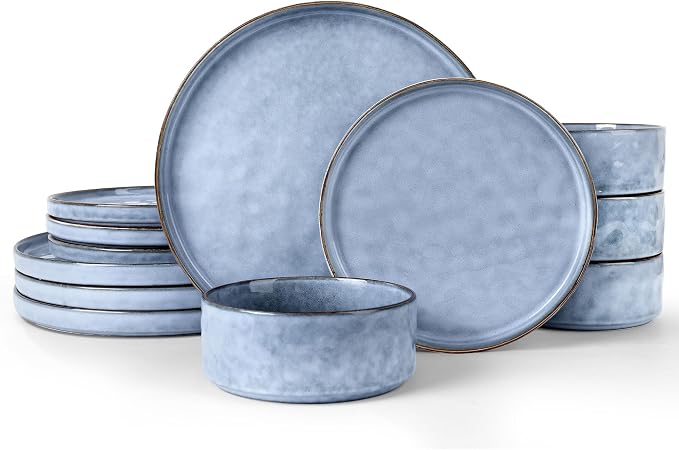 LIANYU Dinnerware Dish Sets for 4, 12 Piece Stoneware Plates and Bowls, Kitchen Dinner Set for Dessert Salad Pasta, Microwave & Dishwasher Safe, Serenity Blue