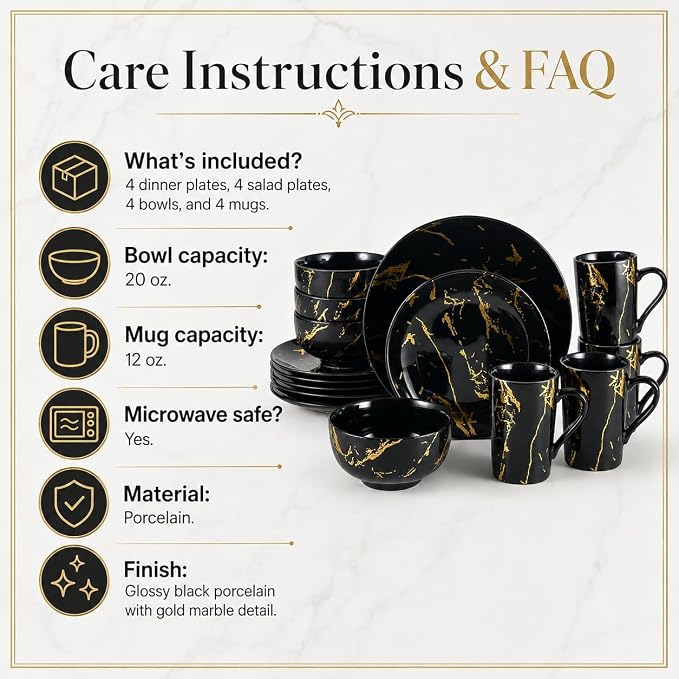 Black and Gold Dinnerware Set 16-Piece – Marble Finish Porcelain Plates and Bowls Sets for 4, Modern Gold Dish Set for Family or Housewarming