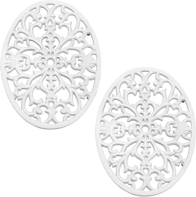 Sumnacon 2 Pcs Oval Cast Iron Trivet - Antique Heat Resistant Metal Trivet for Hot Dish Pot Pan Teapot, Vintage Well Made Hot Plate Pad for Kitchen Dining Countertop Table,White