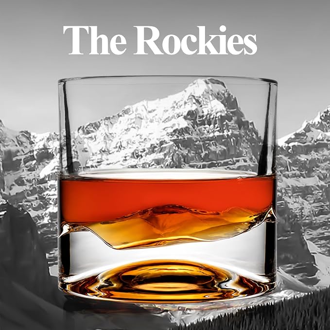 LIITON Rocky Mountains Heavy Crystal Whiskey Glasses Gift Set of 2, Thick Freezable Bourbon Glass 1lb Each, Premium Whiskey Gifts for Men, Frozen Crystal Chills Cocktails, 10 oz
