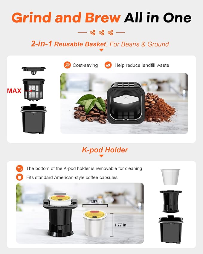 Horavie Single Serve Coffee Maker with Built-in Grinder, Fast Brew 6-16oz Single Cup for Whole Beans, Grounds, K Pod, Grind and Brew Coffee Maker with 47oz Water Tank, Descaling Alert, Black