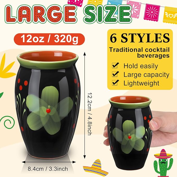 Gejoy 12 Pack 12oz Cantaritos de Barro Mexicanos Mexican Clay Cup Pottery Fiesta De Barro Mexicanos Cocktail Cups Coffee Mugs Cocktail Tea Glasses for Margaritas Mojitos (Dark,Black)