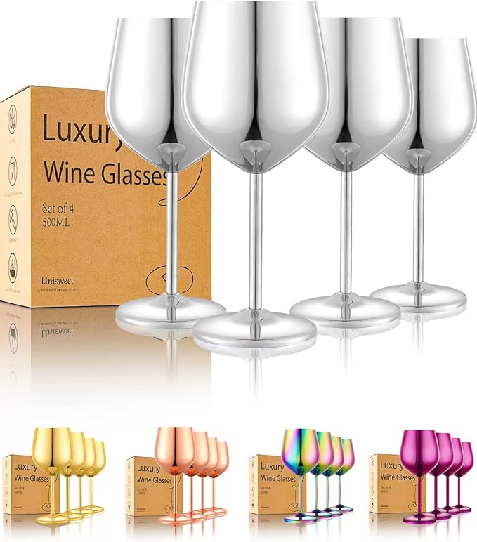 UNISWEET Stainless Steel Wine Glasses Set of 4 Unbreakable Wine Glass 18 oz Unique Metal Wine Goblets for Outdoor, Travel, Camping, Pool, Ideal Gift for Wine Lovers (Mirror-Silver)