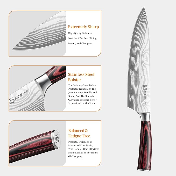 KEEMAKE Knife Set 5 Pieces, Professional Kitchen Knife Set, High Carbon Stainless Steel Chef Knife Set, Ultra Sharp Blade Knives Set for Kitchen with Ergonomic Pakkawood Handle & Gift Box
