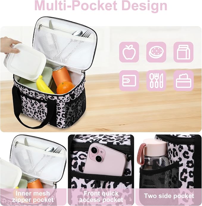 BTOOP Insulated Lunch Box for Women, Cute Corduroy Lunch Bag with Shoulder Strap, Leakproof Wide-Open Lunch Tote for Work, Office, School, Picnic, Pink-Leopard