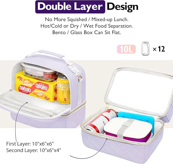 Double Deck Lunch Box Bag Women - Vegan Leather Insulated Waterproof Leakproof Cooler for Work Travel Picnics - Teacher Mothers Day Christmas Birthday Gifts