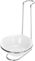 MyGift White Ceramic Ladle Holder Spoon Rest, Upright Single Cooking Utensil Holder, Vertical Drip Catcher Dish with Stainless Steel Stand for Kitchen Counter