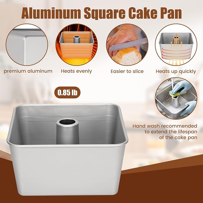 18 Cup One-Piece Square Tube Cake Pan - Anodized Aluminum 9x9x4.5 In, Seamless, Easy Release & Even Heating for Chiffon, Angel Food, Sponge and Pound Cakes