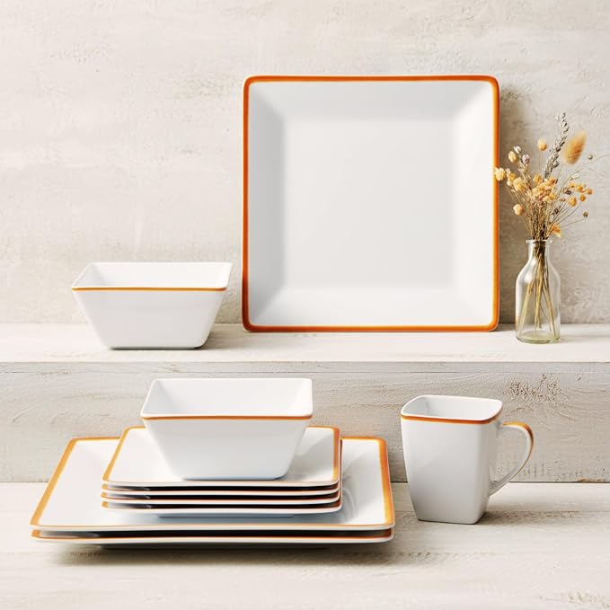 TP 12-Piece Melamine Dinnerware Sets, Plates and Bowls Dishes Set for 4, Break-Resistant & Non-Microwavable, Lightweight Square Dinner Plates, White with Rim