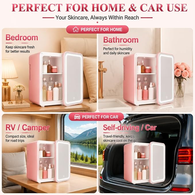 4 L / 6 Cans mini skincare fridge with Dimmable LED Light Mirror, Mini Fridge for Skin Care, Cosmetics, Beverage, Beauty Fridge for College Dorm, Office, Home, Car, Travel cooler and warmer (pink)