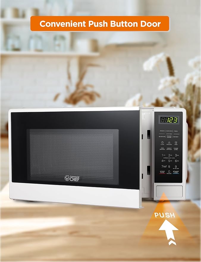 Commercial Chef 1.1 Cu. Ft. Countertop Microwave Oven, Touch Controls with Digital LED Display, 1100W Microwave, Push Button Door, 10 Power Levels, CHCM11100W, White