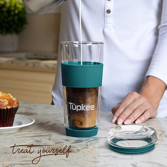 Double Wall All Glass Tumbler - 14-Ounce, Reusable Insulated Tea/Coffee Mug & Lid, Hand Blown Glass Travel Mug - Cyan- 2 Pack