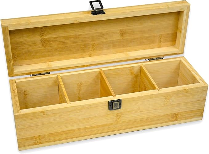 Tea Organizer Box Food Safe Bamboo Wood Chemical Free Big, Tall, Adjustable Cubbies Natural Storage Chest (4-Slot Across 14.3" x 4.4" x 4.2" with Tea Cup design)