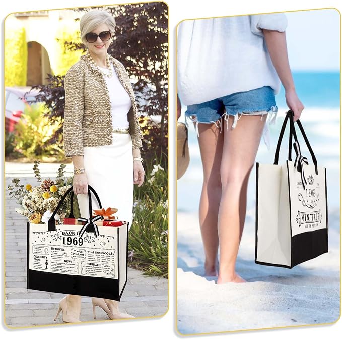 YeohJoy 57th Birthday Gifts for Women Canvas Tote Bag Travel Gear, Unique 57 Years Old Birthday Gifts for Mom Aunt Friends Wife Sister Her, Vintage 1969 Handbag & Cosmetic Bag & Back in 1969 Poster