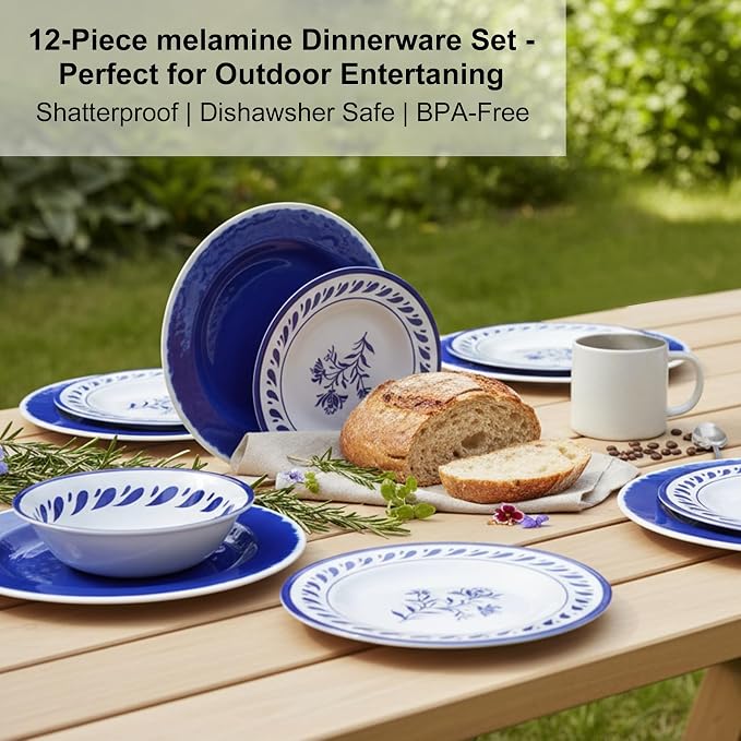 Blue Melamine Dinnerware Sets,12-Piece Plates and Bowls Set for 4,Coastal Farmhouse Style Dish Sets,Chip Resistant & Dishwasher Safe,Dark Indigo Vintage Pattern for Outdoor Patio Everyday Use