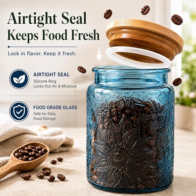 Set of 2 Vintage Glass Canisters with Bamboo Lids, 23.7 oz Embossed Glass Storage Jars, Airtight Food Containers for Coffee Beans, Tea, Sugar, Cookies, Candy, Kitchen Counter Decor, Blue & Green