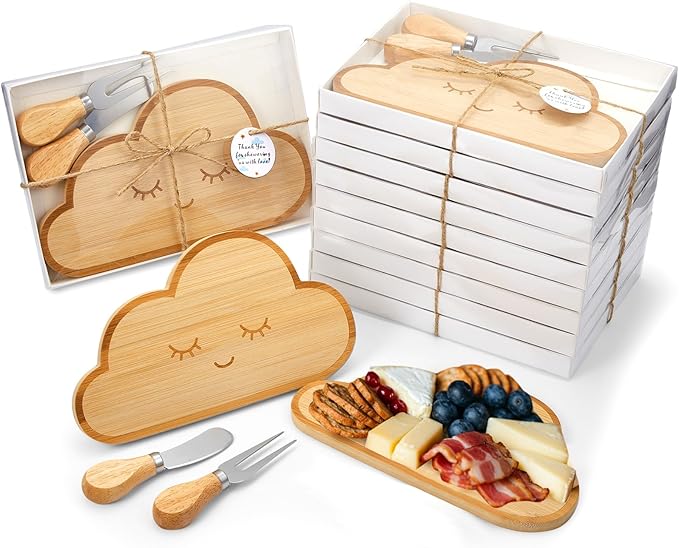 Ziliny 18 Set Baby Shower Party Favors Mini Cheese Cutting Board Cloud Shaped Small Charcuterie Board with Knives Forks Thank Tags with Gifts Box Ropes for Gifts Birthday Wedding Party Baby Shower