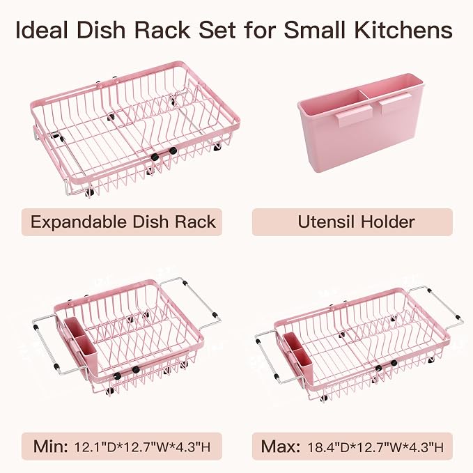 MAJALiS Pink Dish Drying Rack Over The Sink with Utensil Holder | Expandable Stainless Steel Dish Drainer for Small Kitchen, Apartment, RV, Counter Space Saving, Perfect Fit, Rustproof