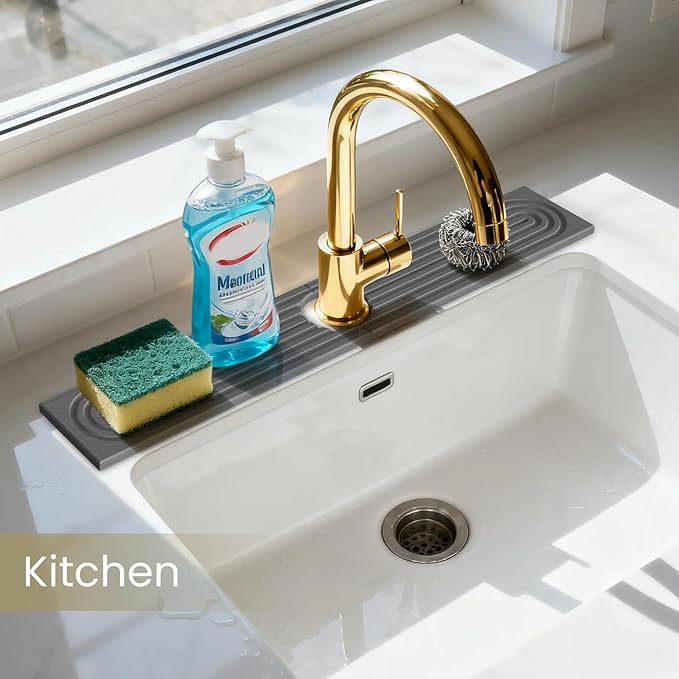 Faucet Mat for Kitchen Sink -Diatomite Stone Drying Mat for Kitchen Counter & Bathroom Sink,Quick-Dry Kitchen Sink Mat-Sink Protector & Splash Guard,Super Absorbent (Gray, 23.6"x4")