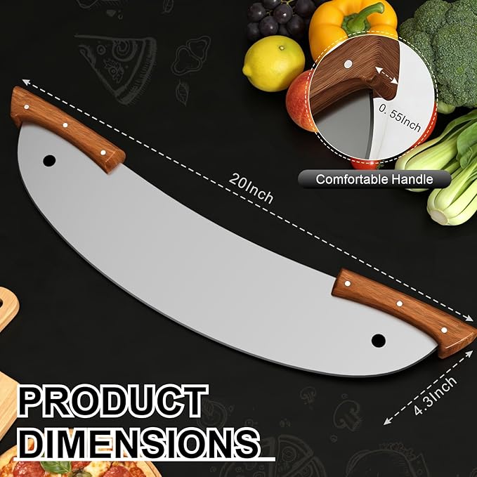 20-Inch Pizza Rocker Blade Cutter, Stainless Steel with Double Wooden Handles, Professional Pizza Slicer (Silver)