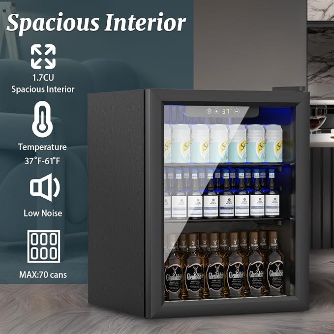 Compact 70 Can/1.7Cu.Ft Mini Fridge For Soda, Beer Or Wine, Portable Small Beverage Refrigerator With Digital Display&Removable Shelves &Reversible Glass Front Door For Office, Dorm, Bar