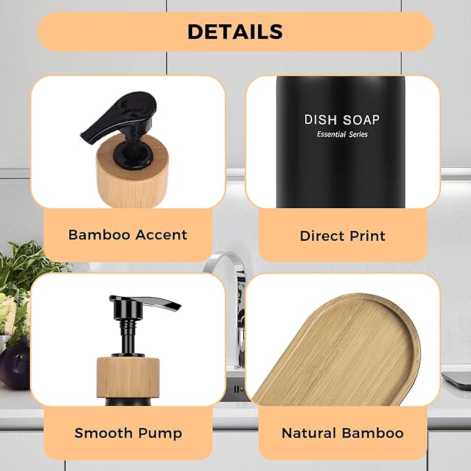 Dish and Hand Soap Dispenser Set with Tray, 16OZ Refillable Glass Bottles and Wood Pump, Double Bottle Countertop Organizer for Kitchen and Bathroom (White/Black)